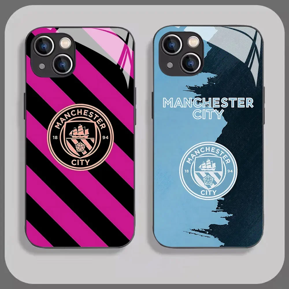 Phone Case For iPhone 16 15 14 13 12 Mini 11 Pro XS Max XR X SE 8 Plus ManchesterS-FC-City Glass Soft Silicone Frame Back