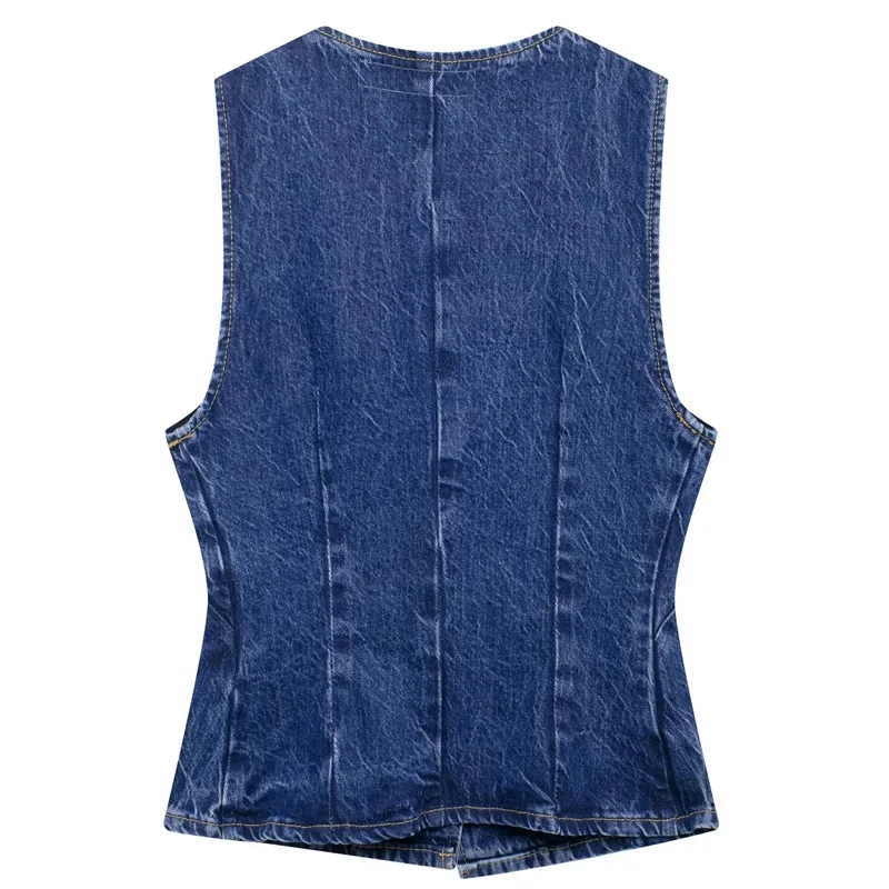 TRAF Denim Cropped Vest Outerwears 2024 Women\'s Summer Autumn Blue Sleeveless Waistcoats Ladies Fashion Casual Short Vests