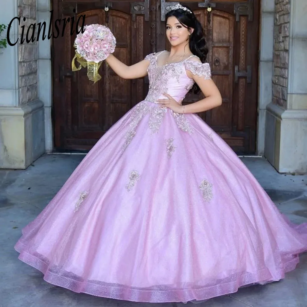 Vestido De princesa rosa con apliques, vestido De quinceañera con purpurina, fiesta De cumpleaños De 15 Años, 2022