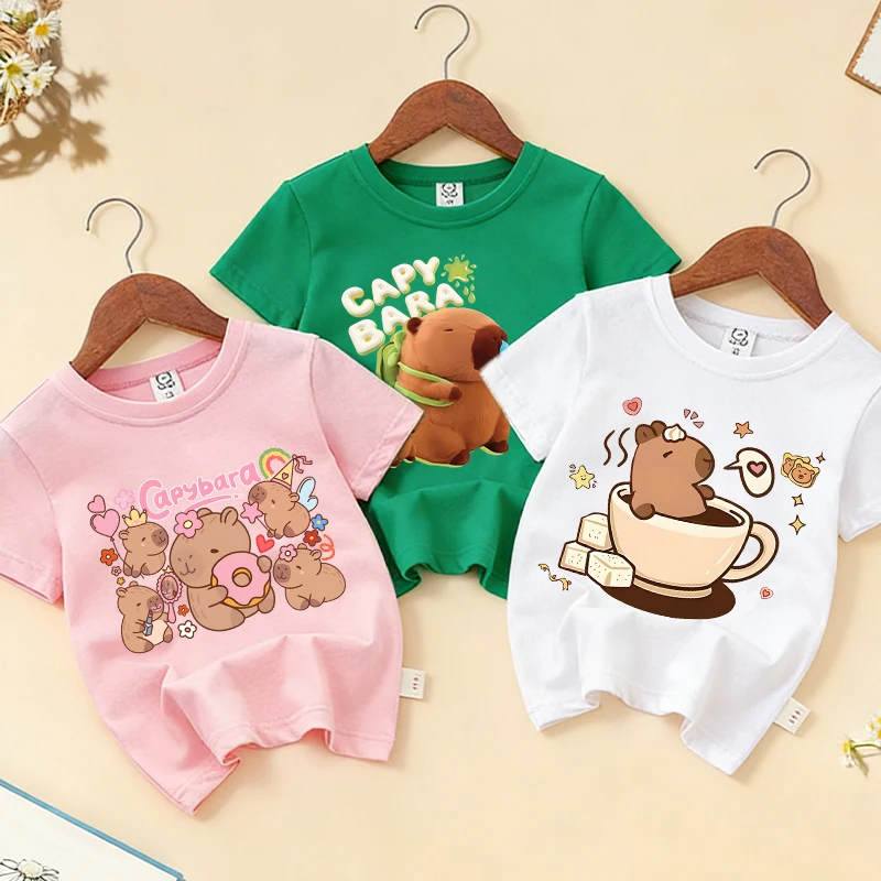 

Capybara Color T-shirt Cute Cartoon Print Girl Boys Streetwear Teeshirt Short Sleeve Cotton Clothes Child Kawaii Tops Anime Game