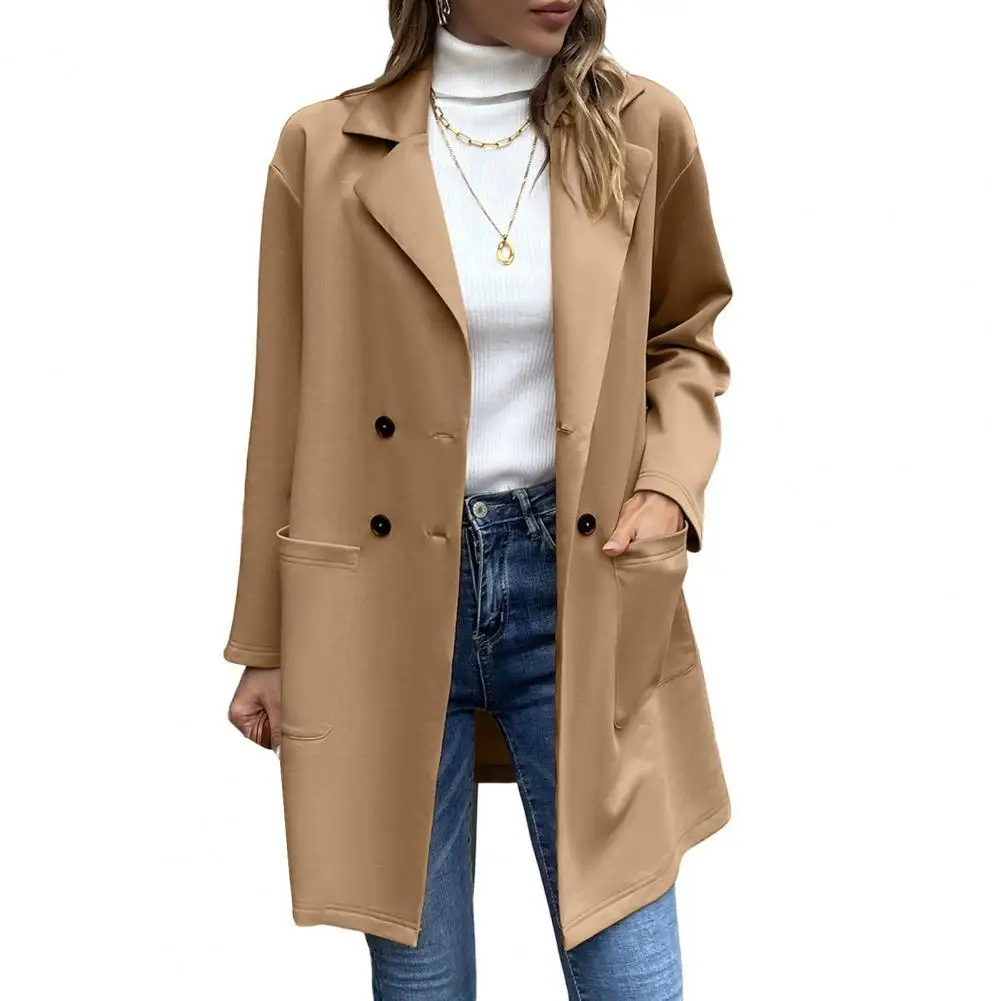 

Autumn Winter Elegant Women Woollen Coat Formal Business Knitted Long Sleeves Double-breasted Mid Length Long Jacket Overcoat