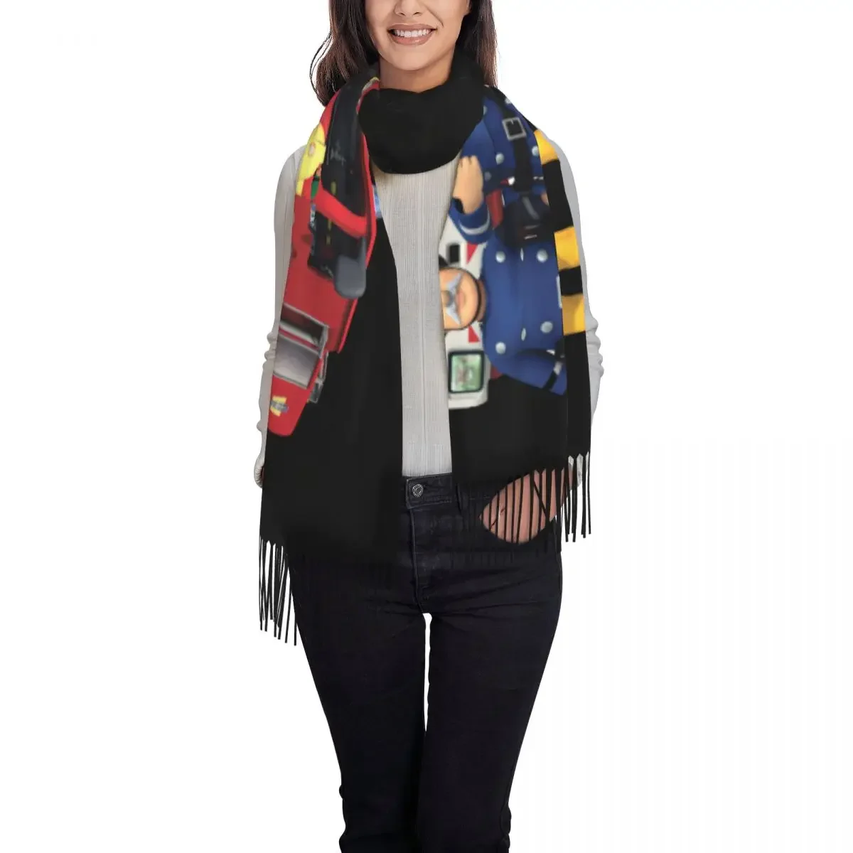 Fireman Sam Scarf Wrap Women Long Winter Warm Tassel Shawl Unisex Cartoon Firefighter Scarves