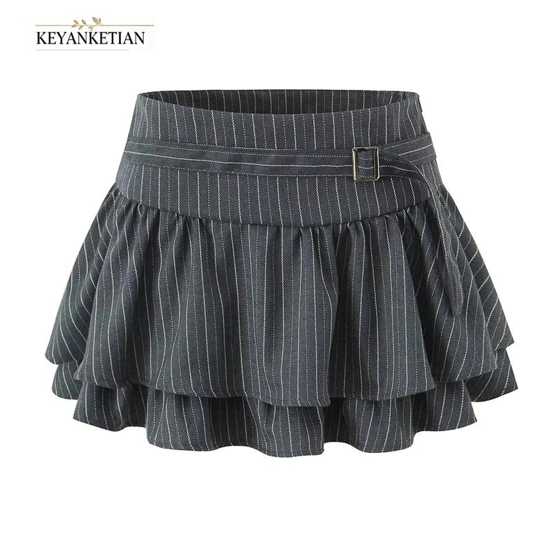 KEYANKETIAN Dark Grey Pinstripe Tiered Skort High Waist Metal Buckle Belt Ruffle Double Layer Built In Shorts College Mini Skirt