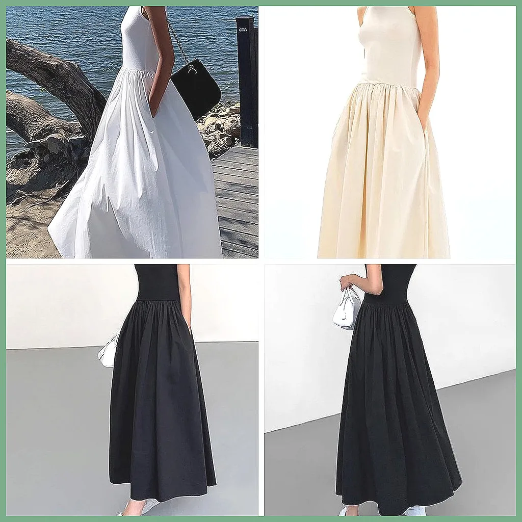 

Vintage Black Sleeveless Slim Dress, High Waist Solid O-Neck Summer Street Casual Dress for Women