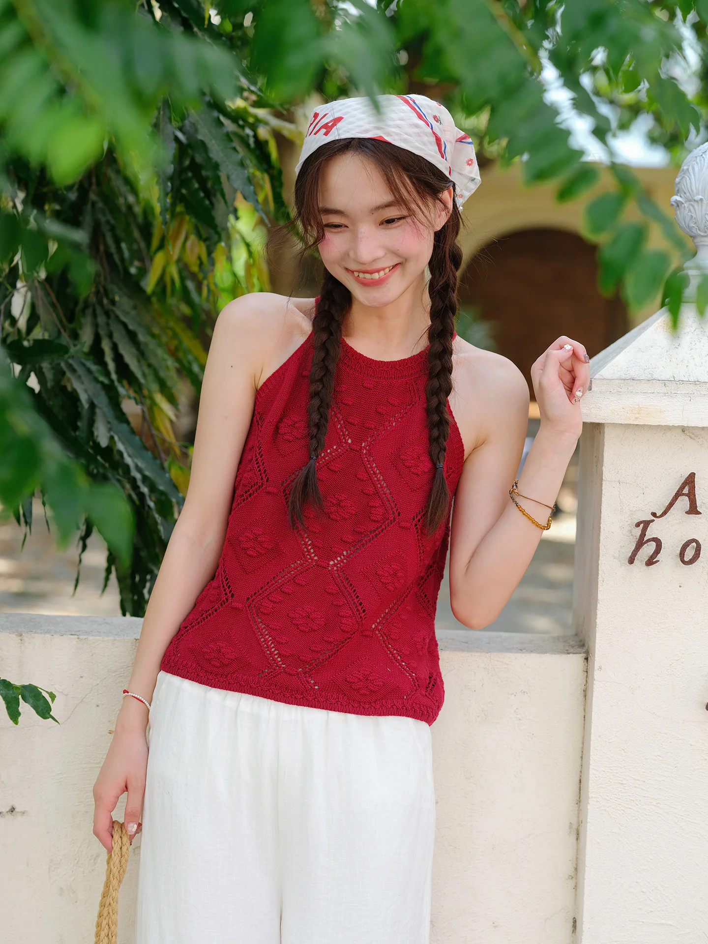 

Vacation Style Hollow out Knitted Vest Strap Women's Red Sleeveless Design Sexy Summer Top Outerwear Casual Loose Fit round Neck