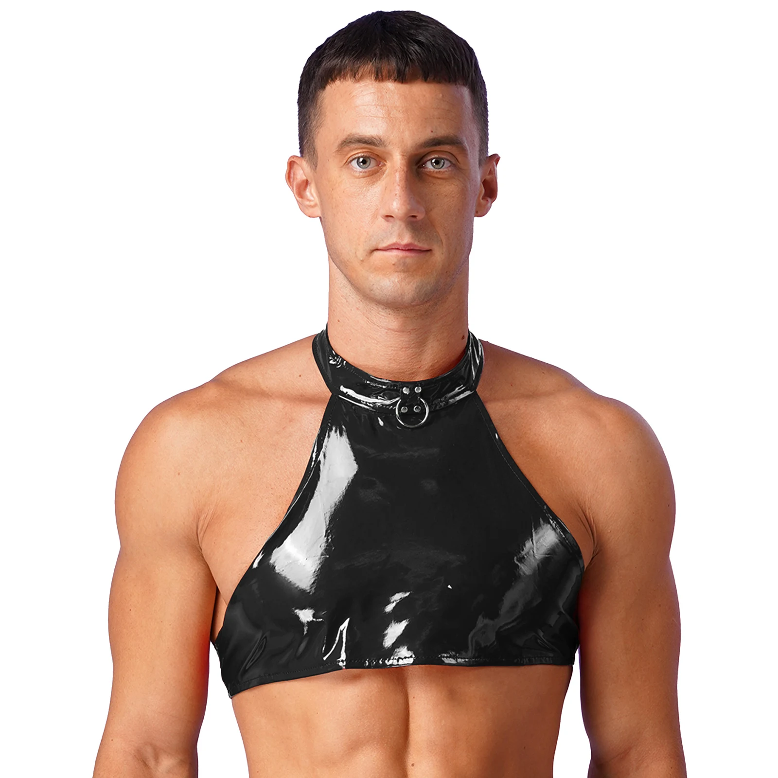 Chaleco Halter con anillo redondo a la moda para hombre, Tops cortos Wetlook de látex sin espalda, camisola de charol sin mangas para fiesta, Club, Festival de Música