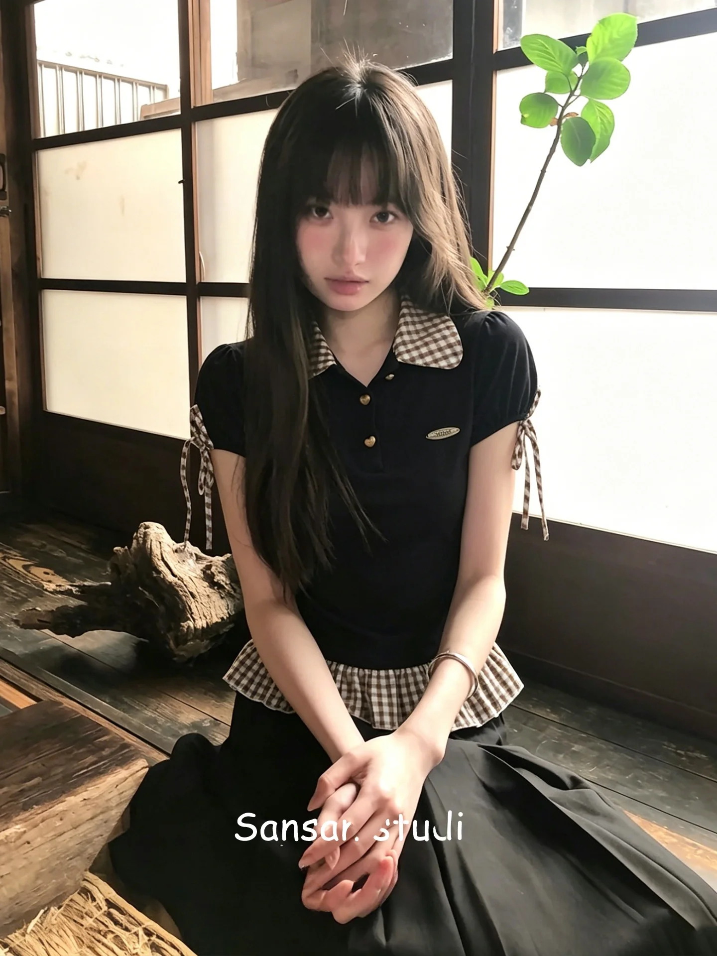 Miu Series  Neck Short Sleeve Women's Summer Checkered Slim Fit Sweet Top Trendy College Style T-Shirt Soft Comfortable
