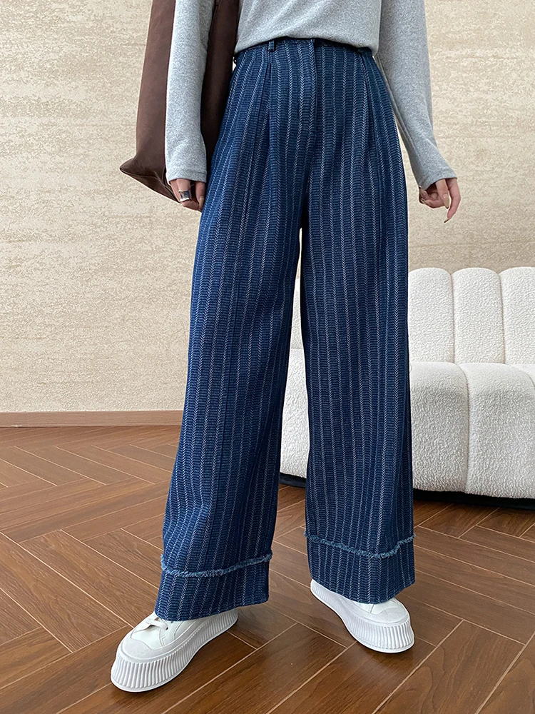 High Waist Blue Striped Burr Denim Long Casual Wide Leg Jeans New Women Trousers Fashion Tide Spring Autumn