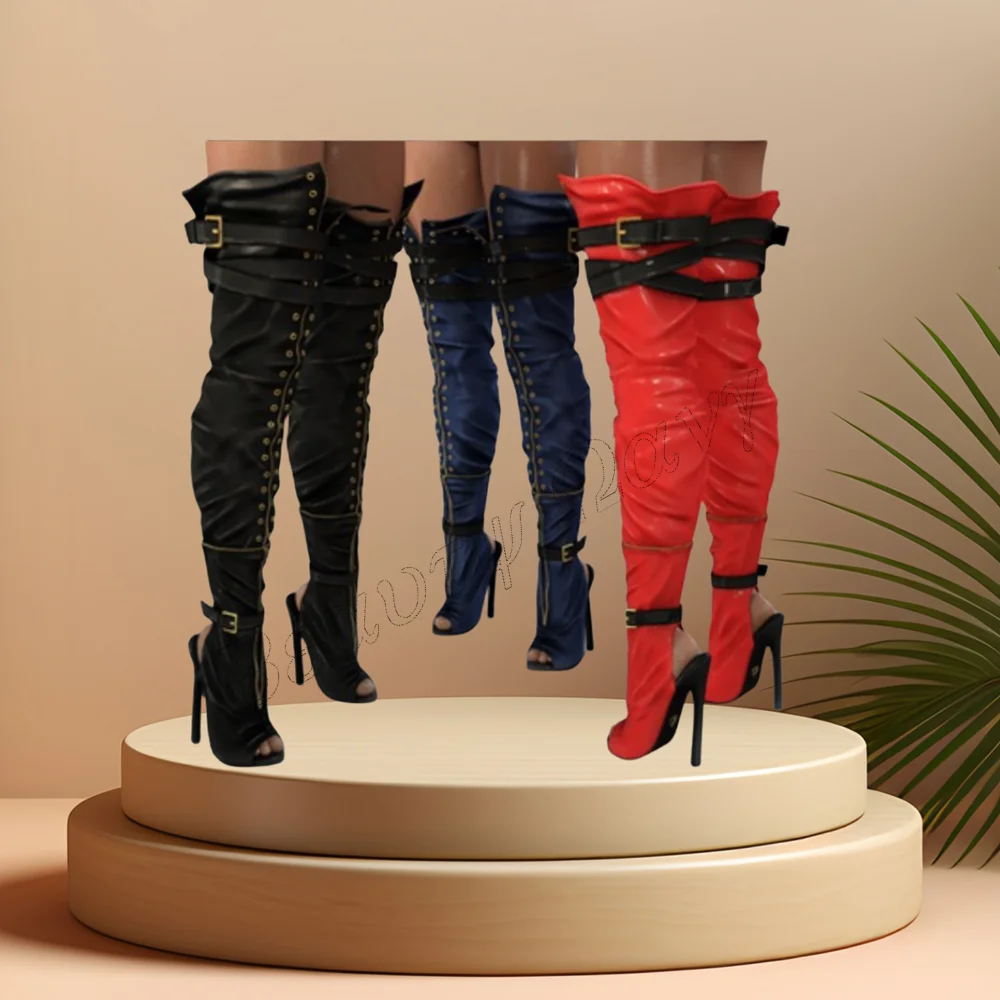 

Red Thigh High Belt Decor Boots Peep Toe Stilettos Heel Round Toe High Heel Shoes for Women High Heels 2023 Zapatos Para Mujere