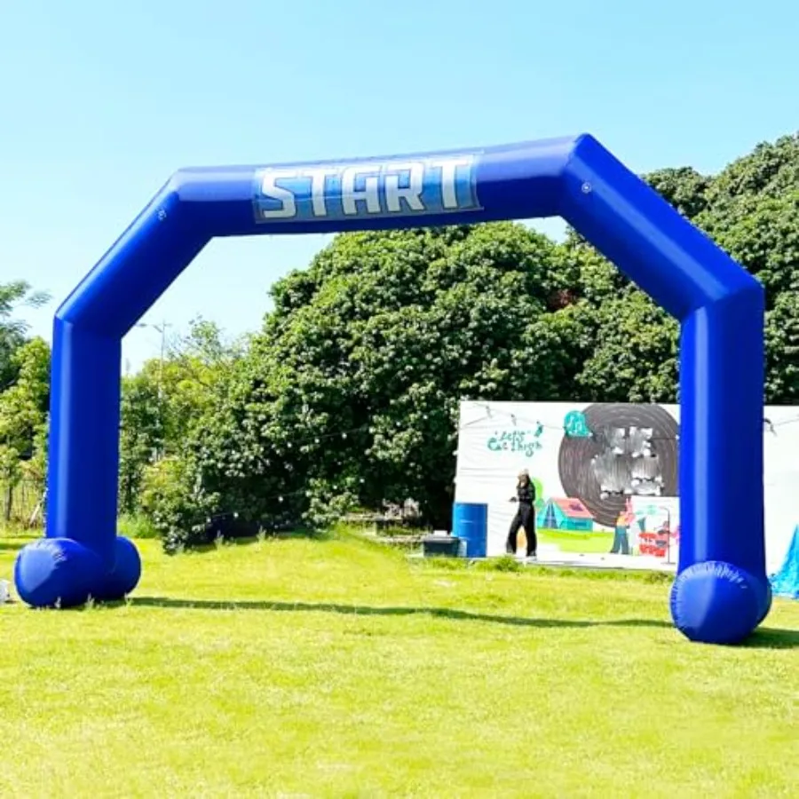 

Outdoor race start/finish line inflatable archway, blue hexagon design, durable PVC material, includes powerful blower for quic