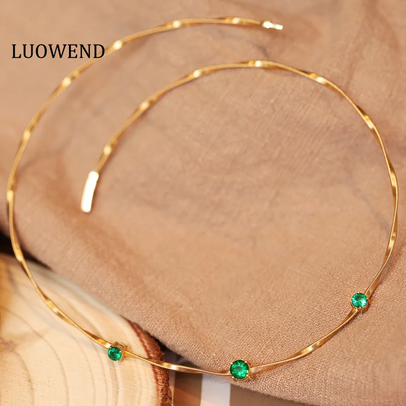 LUOWEND 100% 18K Yellow Gold Necklace Luxury Fashion Design 1.0carat Real Natural Emerald Torques for Women High Party Jewelry