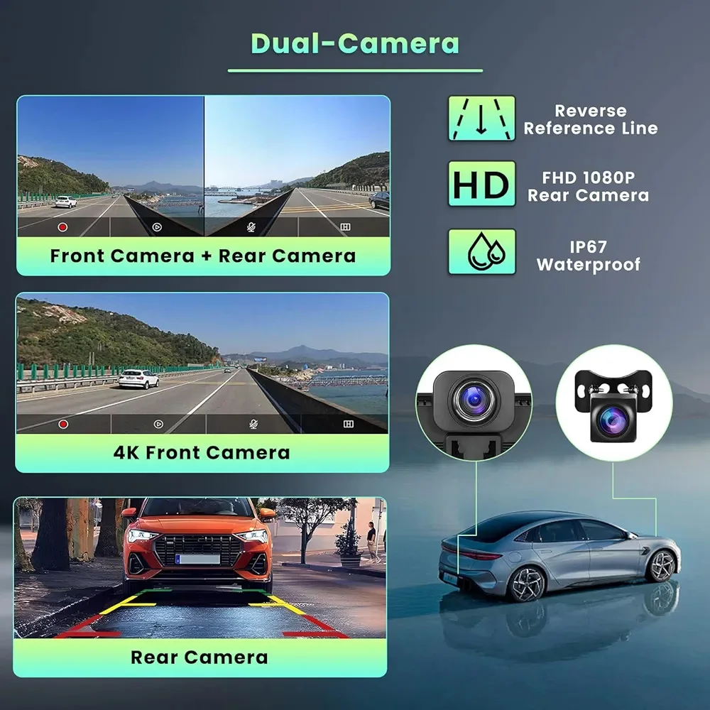 Carplay DashCam Dash Cam Front and Rear 4k Waterproof Camera Car Dvr Dash Cam Wireless CarPlay Screen FM Dash Camera for Cars - view 3