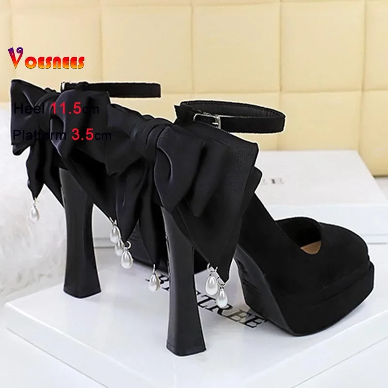 جديد أزياء النساء مضخات الجلد المدبوغ الأسود 11.5 سنتيمتر سوبر أحذية عالية الكعب كلمة واحدة حزام Bowknot مع اللؤلؤ الفم الضحلة حذا فردي للسيدات