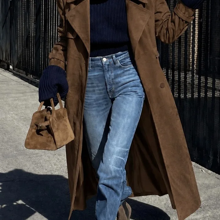 Korean Chic Retro Double-Breasted Belted Long Over-Knee Coat Collar Outerwear Women's Winter Fashion Polyester Fiber