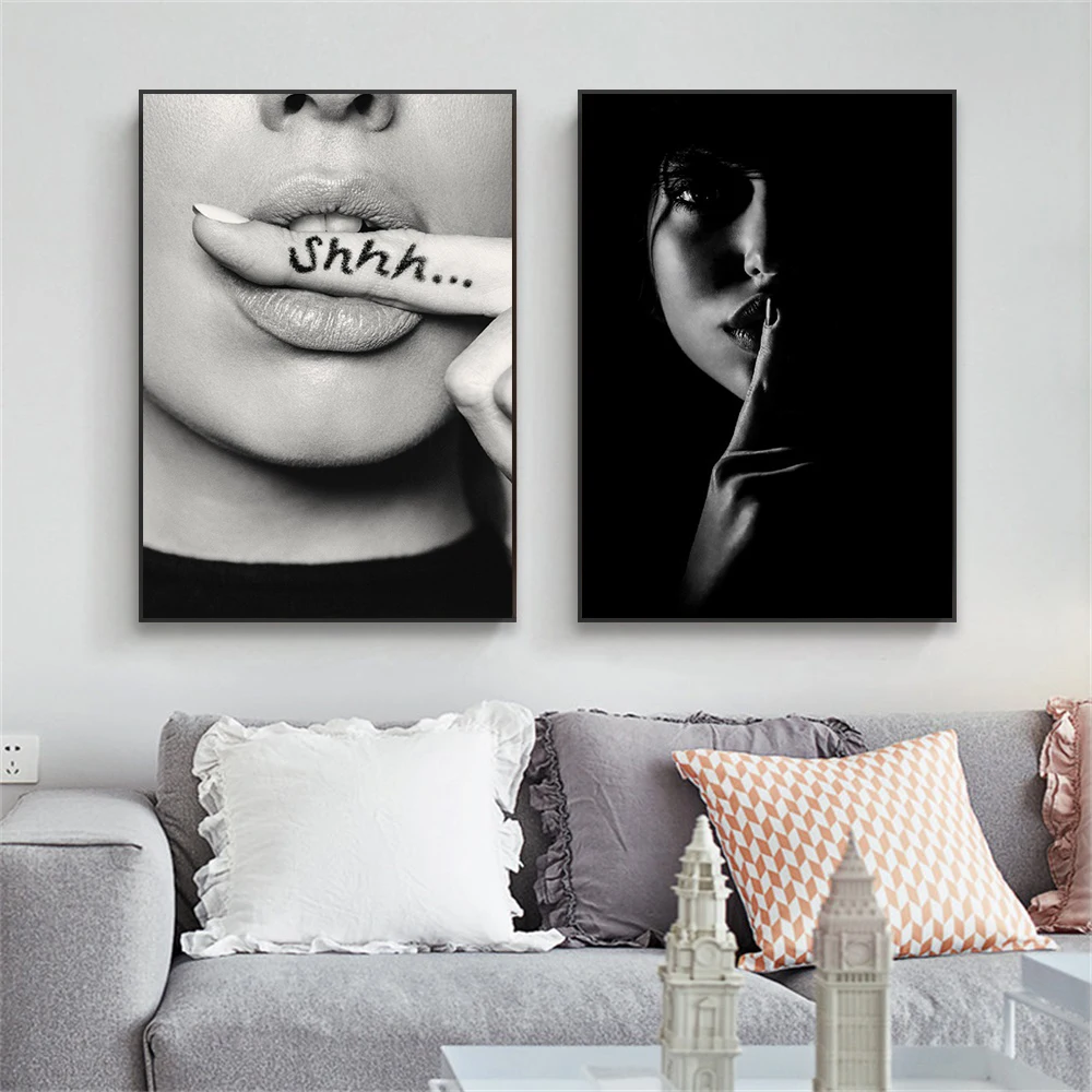 

Black and White Minimalist Poster Shhh Woman Hot Lips Prints Fashion Beauty Sexy Lady Canvas Painting Home Bedroom Decor