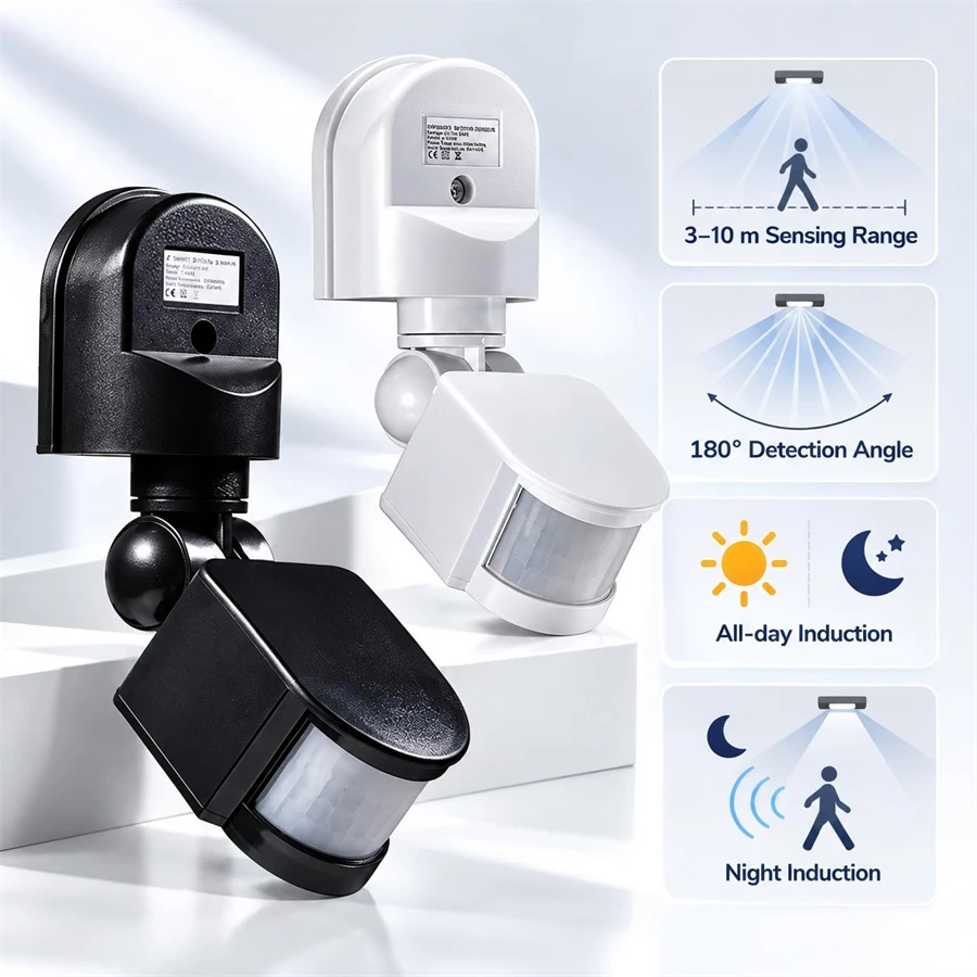PIR LED Light Motion Sensor 85-265V Automatic Infrared Light Sensor Movement Detector Outdoor Timer Switch 180 Degree Rotating