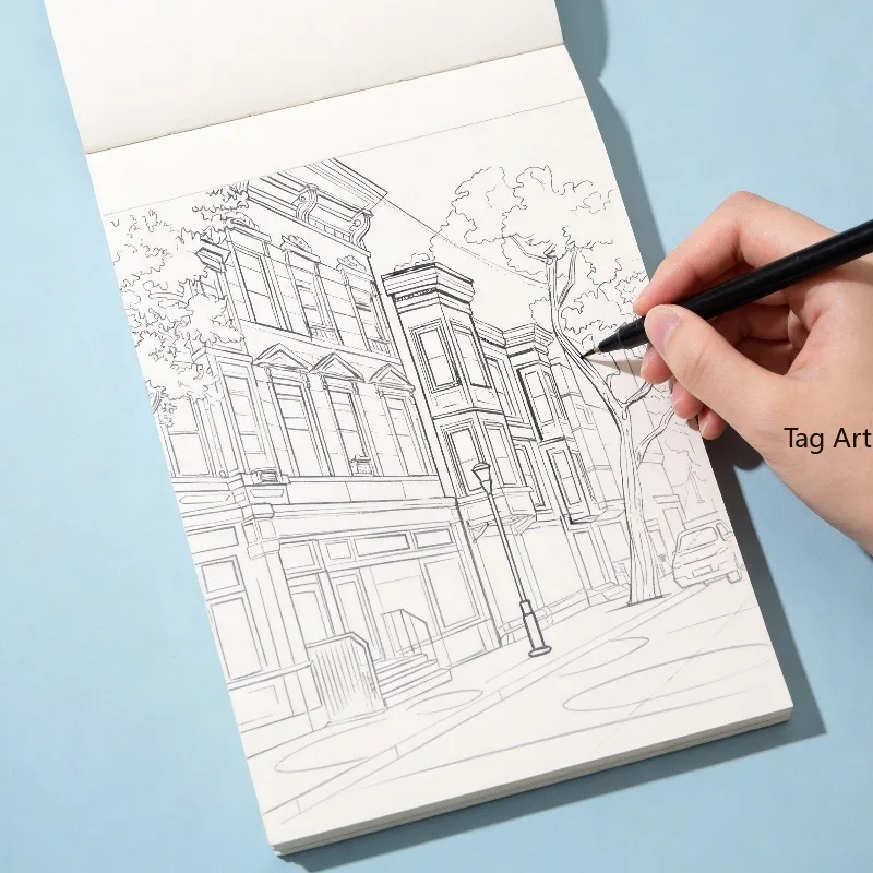 A Hand Drawn Coloring Exercise Book for Adult Healing and Stress Relief, with Themes Such As Flowers, Street Scenes, and Animals