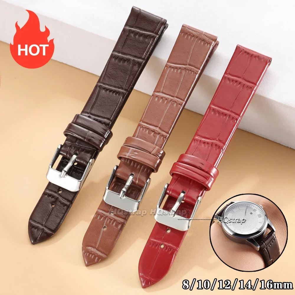 Ultra-Thin Cowhide Watch Band 8mm 10mm 12mm 14mm 16mm for Seiko for Rolex Universal Bracelet Soft Slim Leather Band Accessories