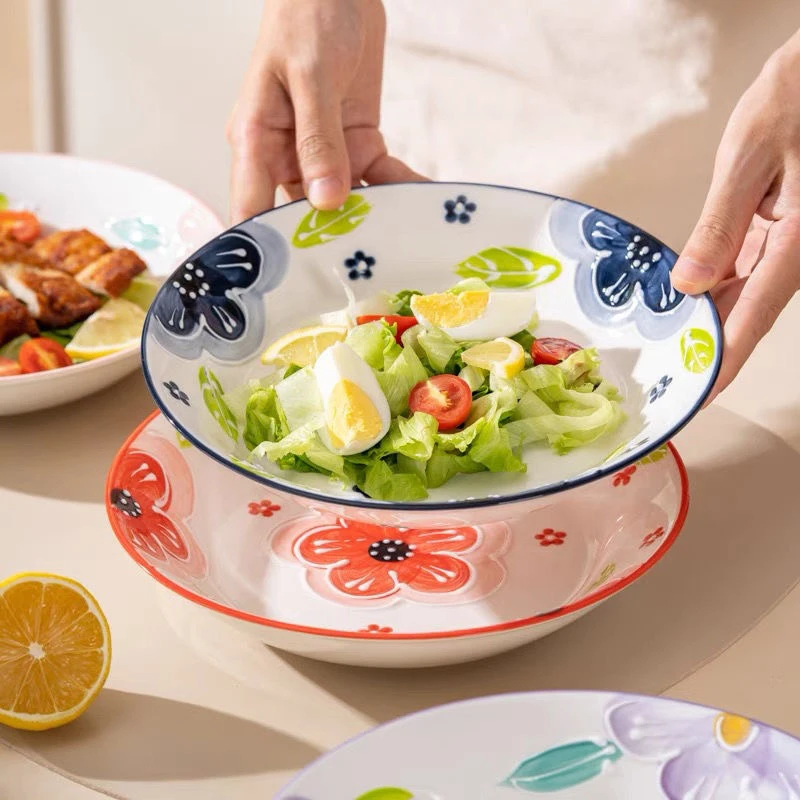 Pastoral flower Pattern Plates, Ceramic Tableware, Household Kitchen Restaurant Supplies, Western Steak Salad Dinner Plates, 1Pc
