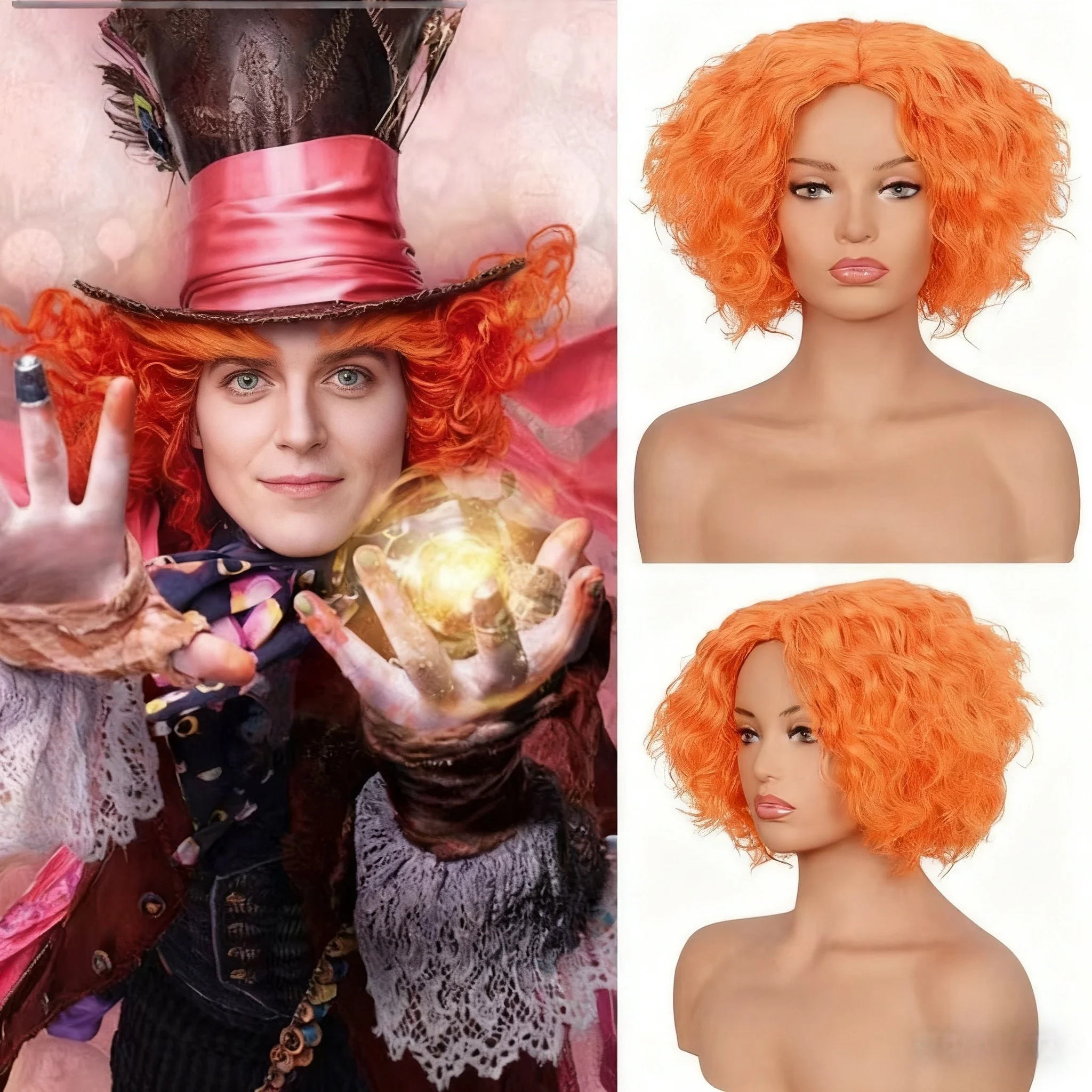 Mad Hatter Orange Curly Synthetic Wig Halloween Cosplay Party Wigs
