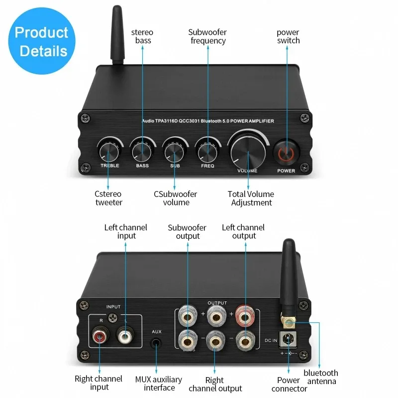 Portable BT Sound AMP 3 channels Mini Power Amplifier 100w 2x50w home studio HiFi Stereo Class D Amp Bass Treble Amplifier 3116