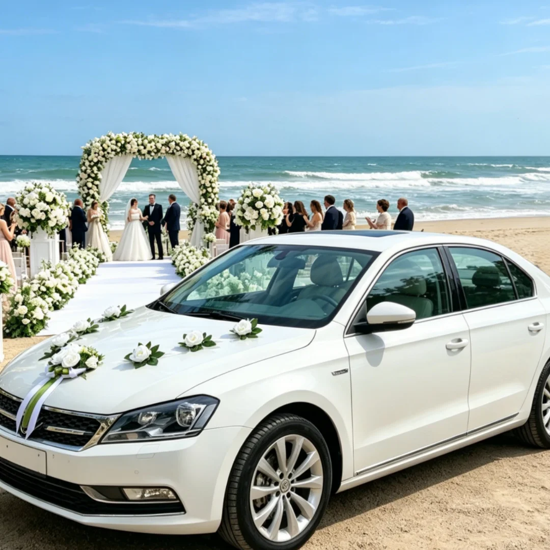 7pcs/set White Artificial Flower Just Married Car Decoration Front Hood Floral Kit with Suction Cup Easy Install Front Decor