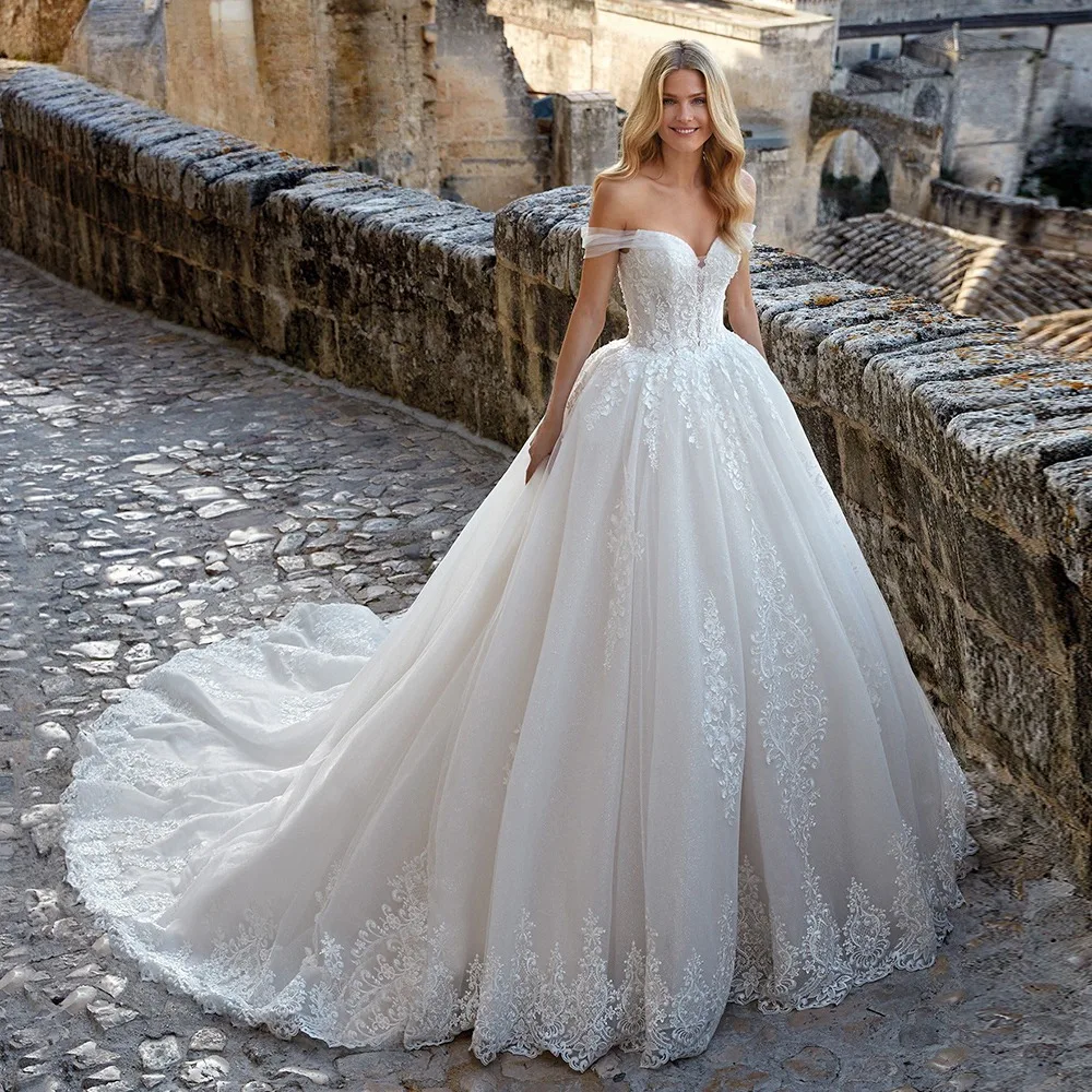 Luxury Off Shoulder Wedding Dresses Sweetheart Appliques Flowers Lace Up Tulle Bridal Gown Vestidos De Novia