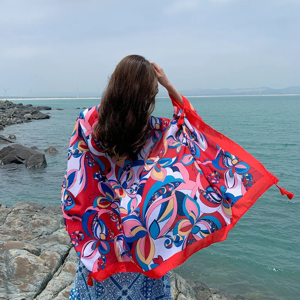 

Mantle Beach Scarf Summer Ethnic Style Tourism Simulation Silk Scarf Sunscreen Cape Big Shawl Women's Beach Print Cloak Lady Red