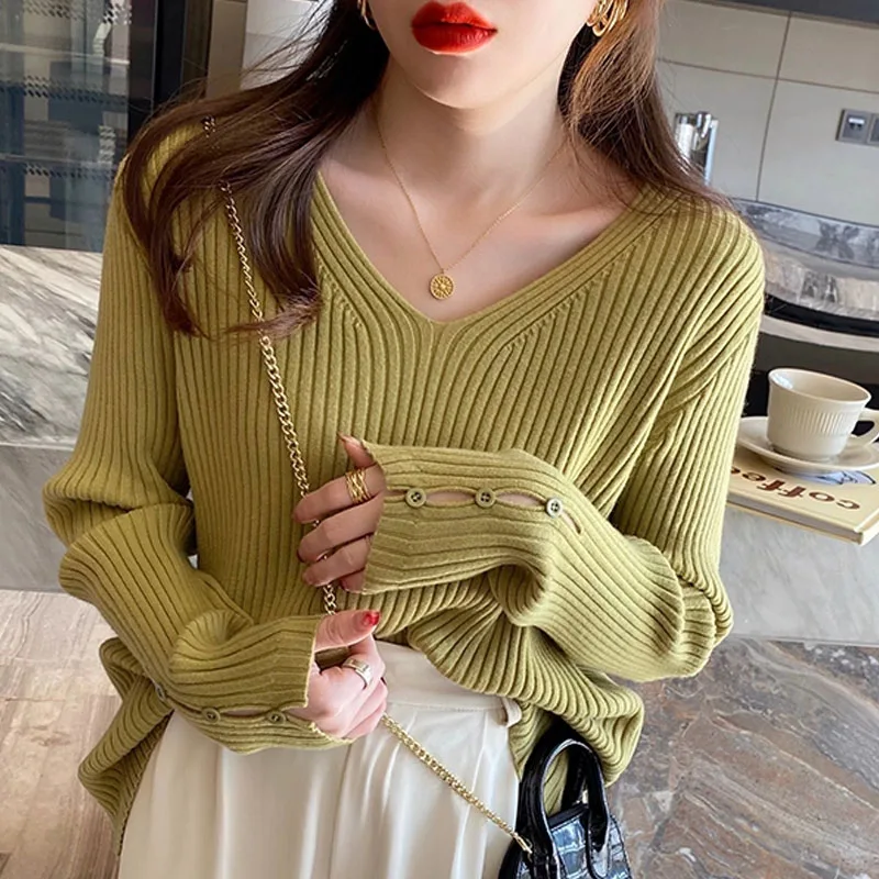 

Fashion Black V-Neck Knitted Sweater Women Pullovers Long Sleeve Knit Sweater Pullover Women Tops Women Clothing Knitwears Q1653