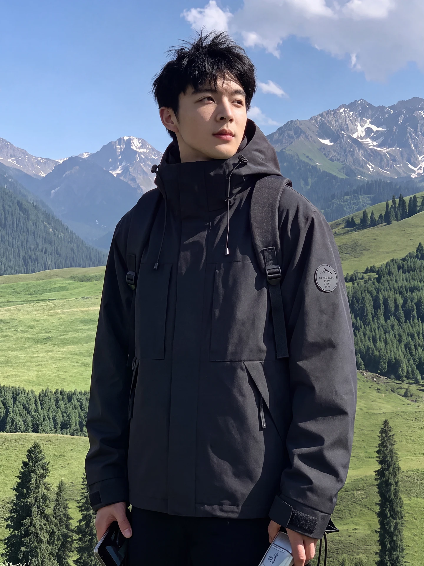 Outdoor Men's Three-in-One Detachable Inner Liner Windproof Waterproof Hiking Jacket Blue Moonlight Loose Fit Long Sleeve