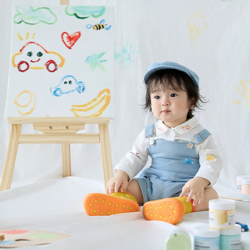 1 Year Old Baby Photography Outfit Little Artist Theme Cute Beret +Long Sleeve Shirt +Denim Overalls +Socks for 12 Months Infant