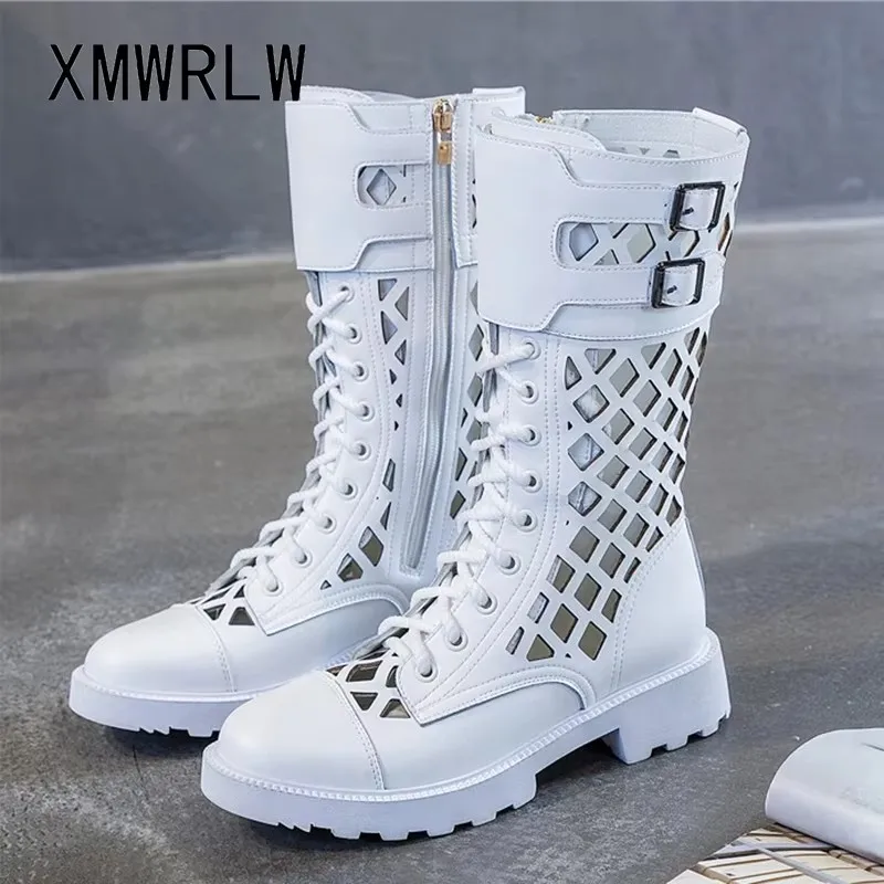

XMWRLW женские ботинки, лето 2029, женские ботинки до середины икры из натуральной кожи, модная женская обувь с вырезами, женские летние ботинки