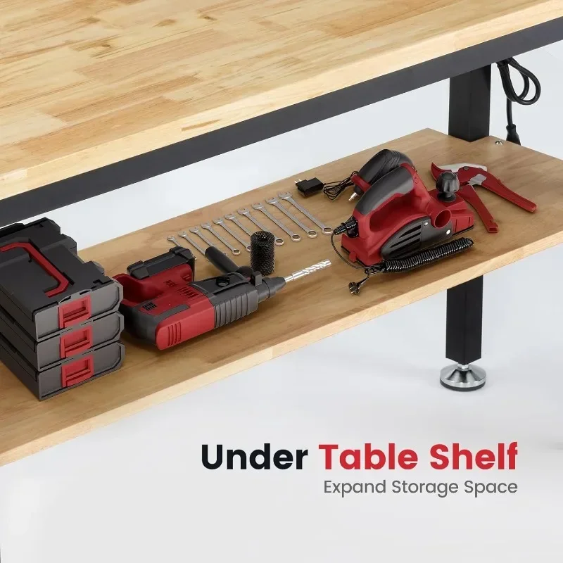 60 Inch Garage Work Table Adjustable Rubber Wood Tabletop Workbench with Storage Work Bench Table Power Outlets Pegboard Pad