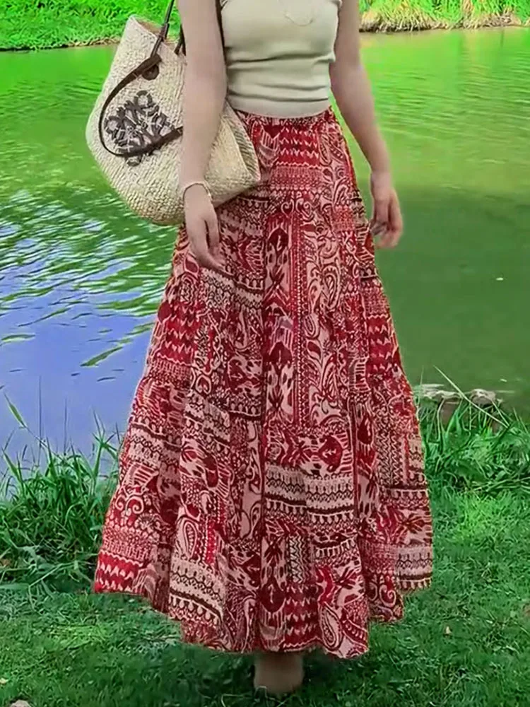 

Ретро-юбка А-силуэта с этническим принтом, с высокой талией, струящаяся, длинная, летняя, новая дизайнерская модель, женская юбка больших размеров.