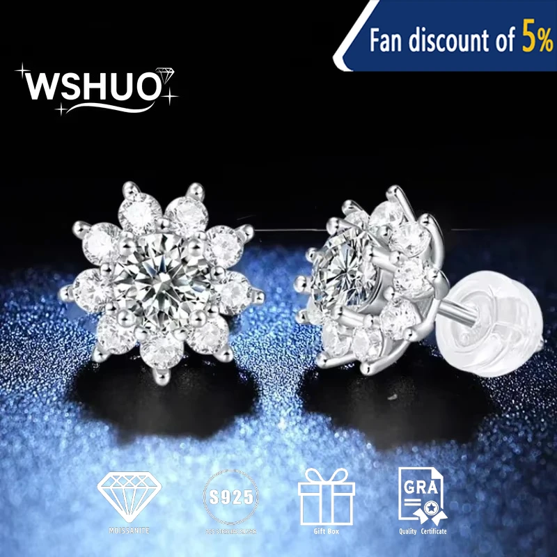 

925 Sterling Sliver D VVS1 All Moissnaite Sun Flower Diamond Earring for Women Plated White Gold Stud Ear Wedding Fine Jewelry