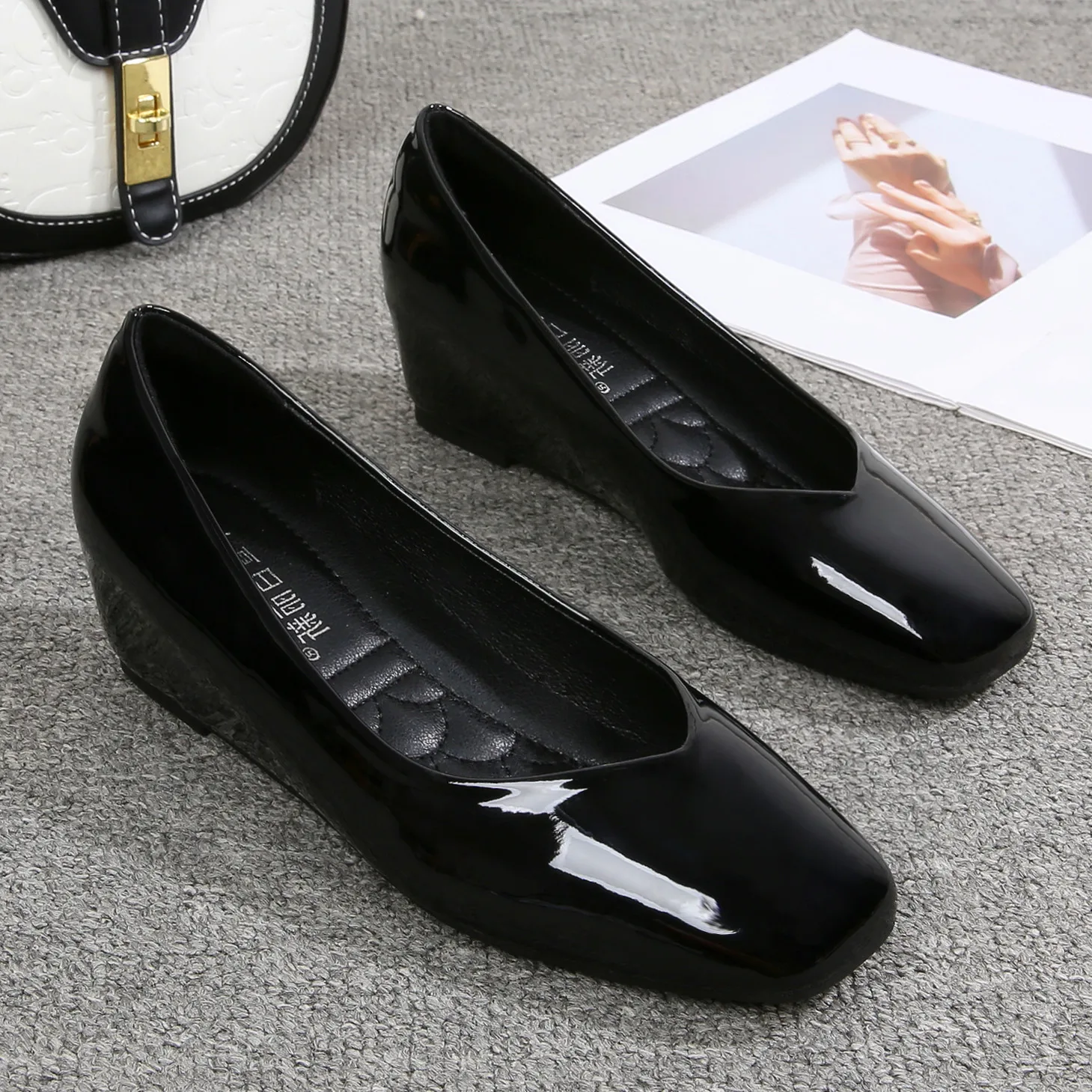 

Trend Women's Glossy Patent Leather Wedge Heel Pumps Square Toe Slip on Casual Office Dress Shoes Comfort Soft Insole Footwear