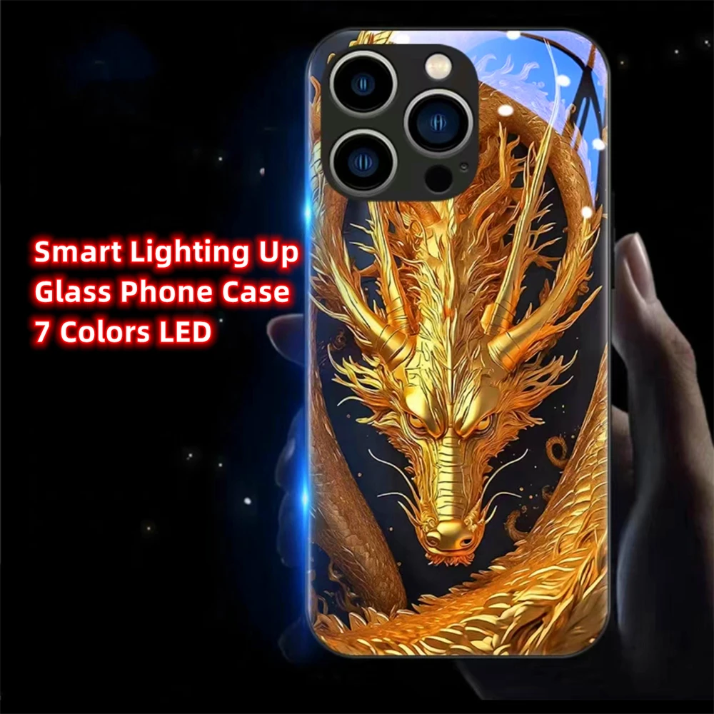 

Holy Golden Dragon Smart LED Light Glow Tempered Glass Phone Case For iPhone 15 14 13 12 11 Pro Max XR XS Plus 6 7 8 SE2020