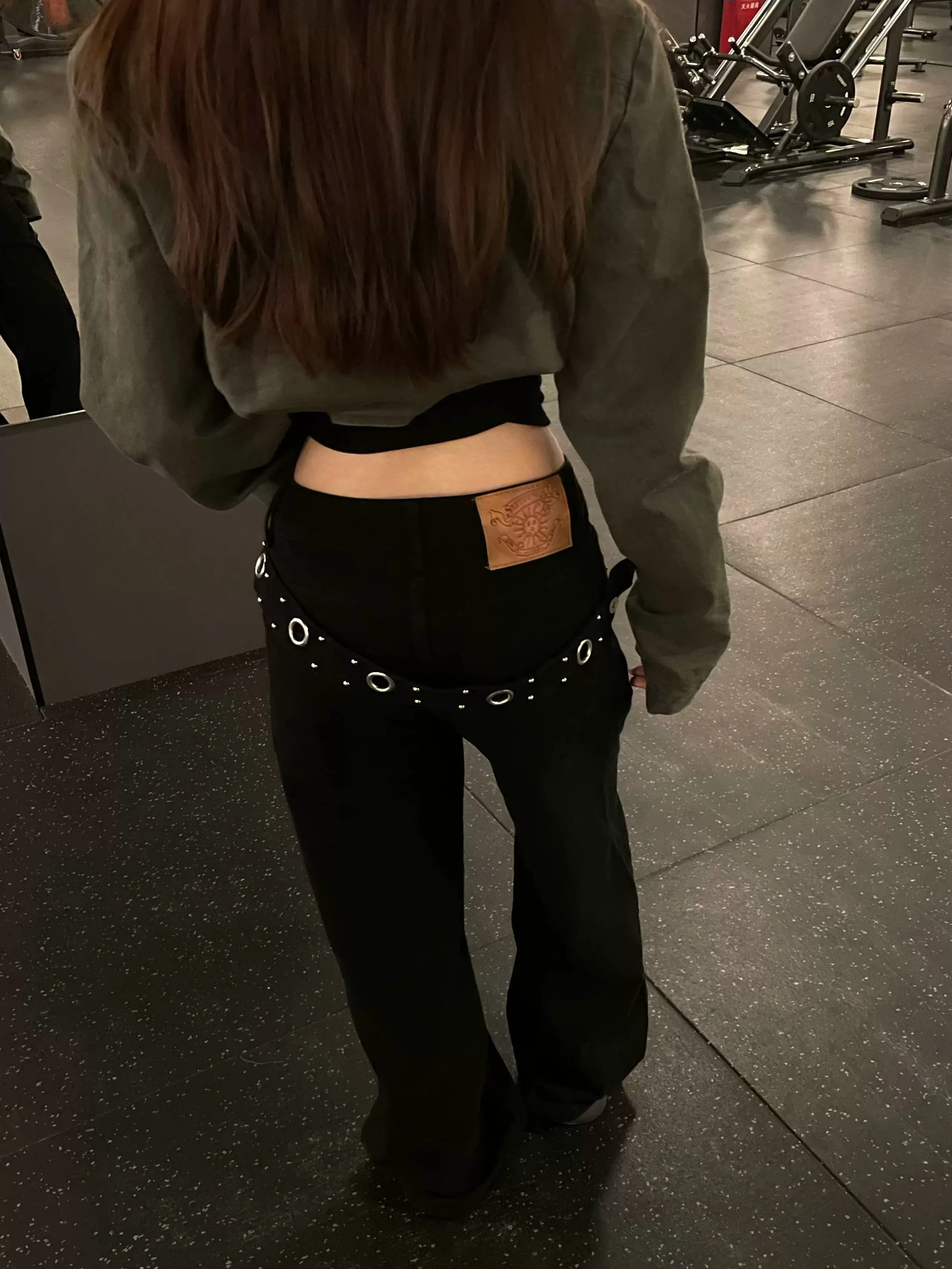 American Style Vintage Punk Rivet Waist Belt Loose Straight Leg Jeans Women's Sexy Casual Wide Leg Pants Deep Blue Denim