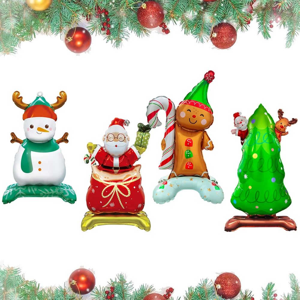4er-Pack Weihnachtsballons, Standballons, Folienballons, geeignet für Weihnachtsdekorationen, stehender Schneemann, Weihnachtsmann, Lebkuchenmann, Weihnachtsarrangement