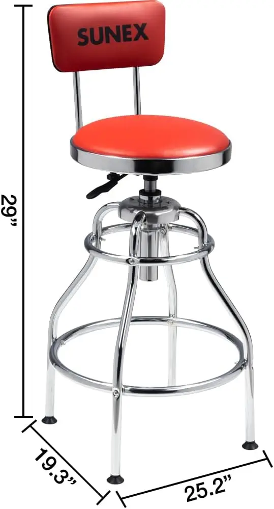 SUNEX TOOLS 8516 Hydraulic Shop Stool, High-Polished Chrome Finish, Hydraulic Seat Adjustment, Vinyl Padded Adjustable Seat and Backrest, Slip Resistant Feet, 250-Pound Capacity, Silver