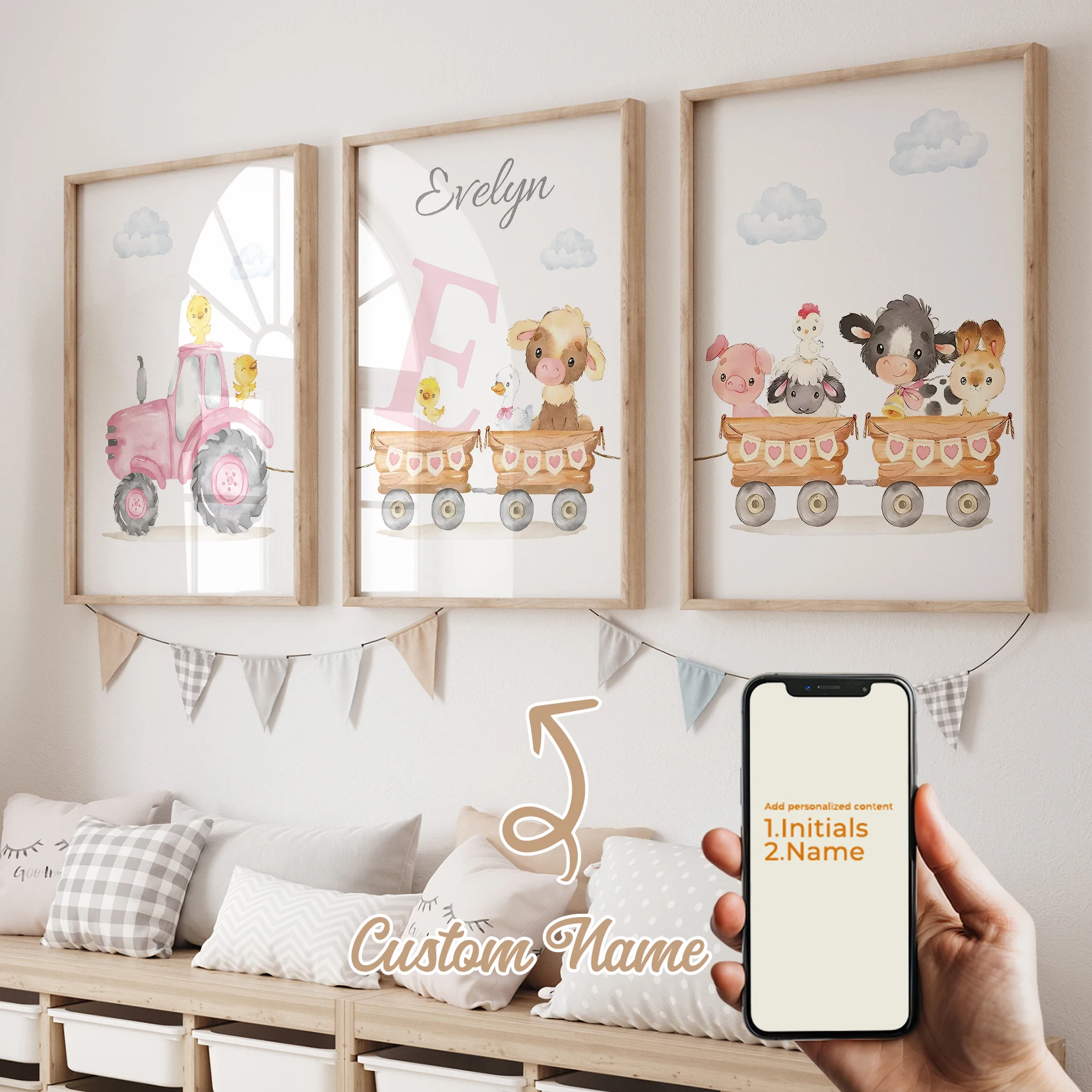 

Modern Personalized Name Custom Pink Train Animal Cloud Wall Art Print Canvas Painting Poster Picture For Living Room Home Decor