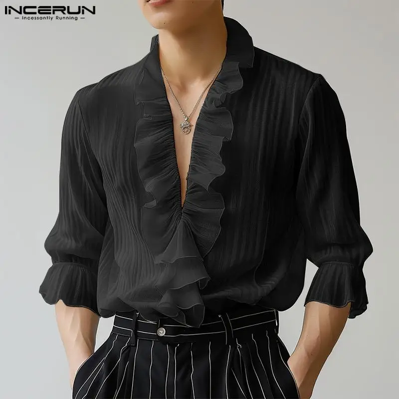 2024 INCERUN Korean Style Fashion Shirts Casual Simple V-neck Tops Men Flare sleeve Elegant Stripe Tees Loose Streetwear Male