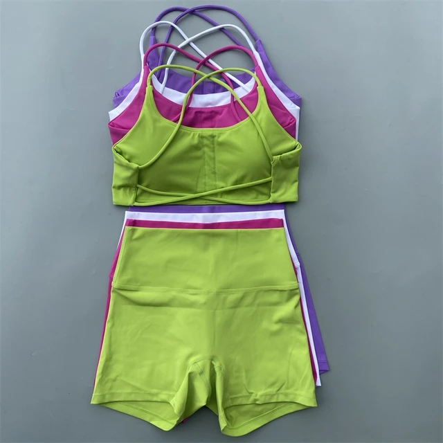 Yoga Shorts Set Gym Two Piece Sports Set Women Workout Outfit Fitness Suit Cross Straps Bra High Waist Shorts Running Tracksuit