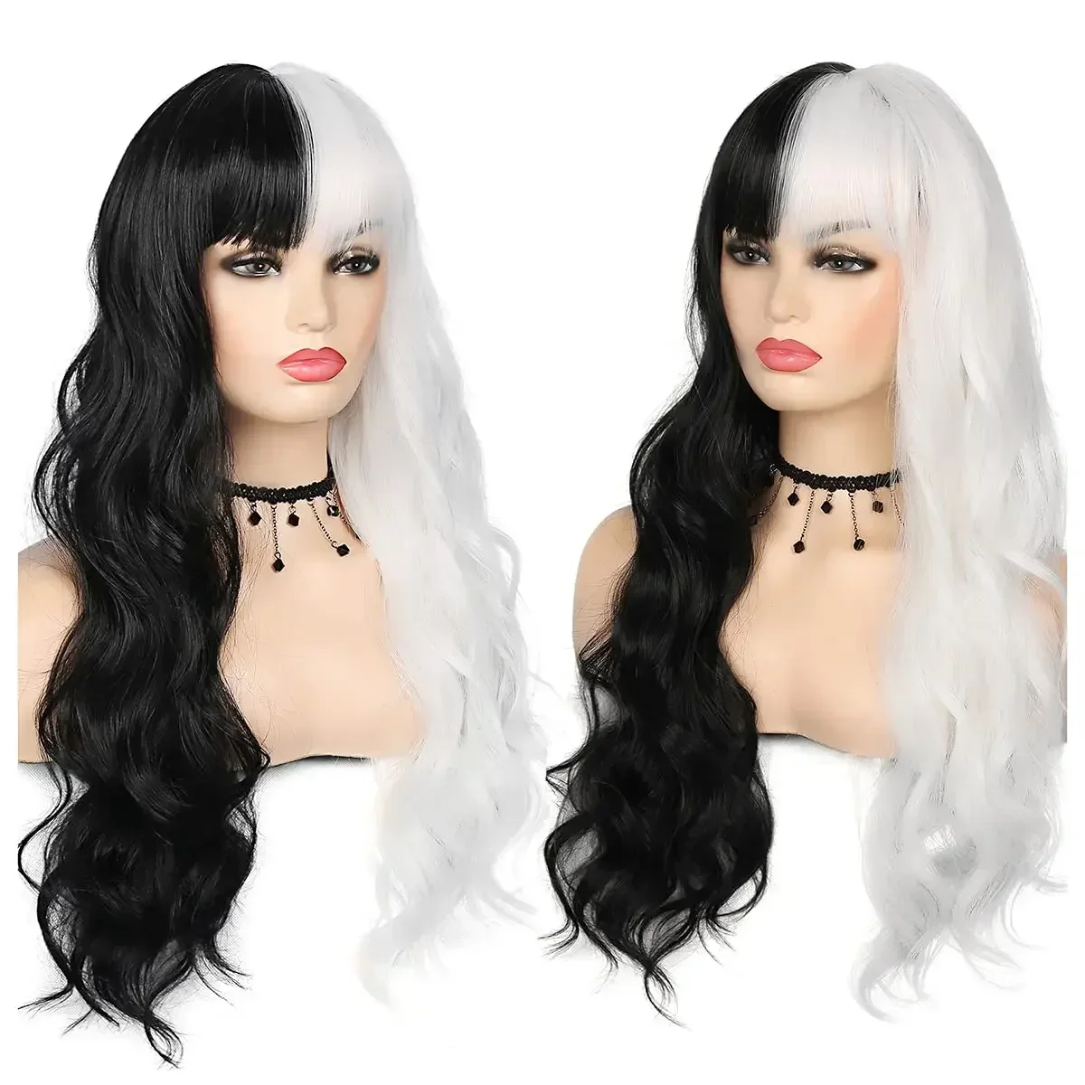 Synthetic Long Half Black and White Wig Wavy Women's Curly Costume Wigs Lolita Cosplay Wig For Halloween Carnival Party