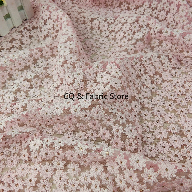 

Soft White and Pink Chrysanthemum Embroidered Lace Fabric for Dress Wedding Skirt Mesh Fabric, by the Yard