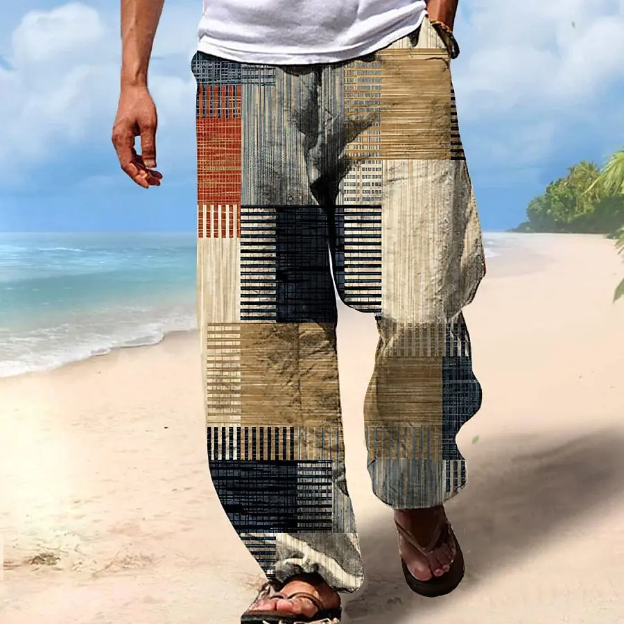 2024 Summer New Product Block Multi Color Splicing Printed Men\'s Straight Pants Loose Sports and Casual New Style