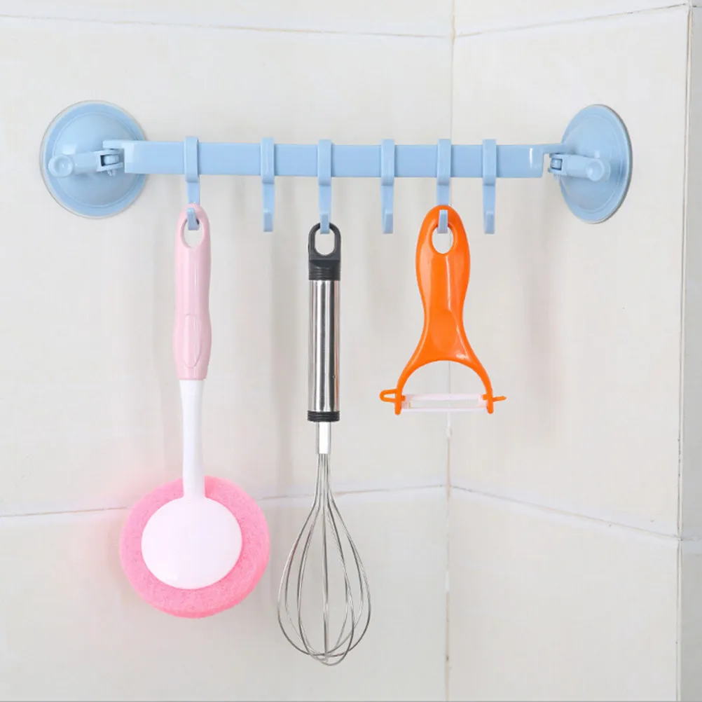 6-Linked Wall Hook Rack Lock Suction Cups Fits Glass Tile Smooth Surfaces No Hole No Damage Towel Organizer Shelf