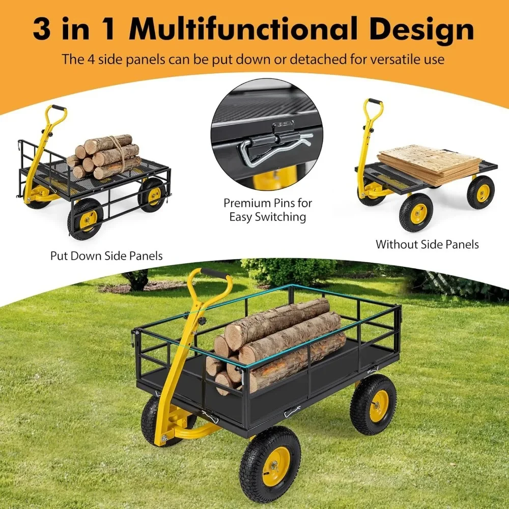 Garden Carts 1200LBS Utility Wagon With 4 Removable Sides Cargo Trolleys 13” Pneumatic Wheels Folding Cart Convert Into Flatbed