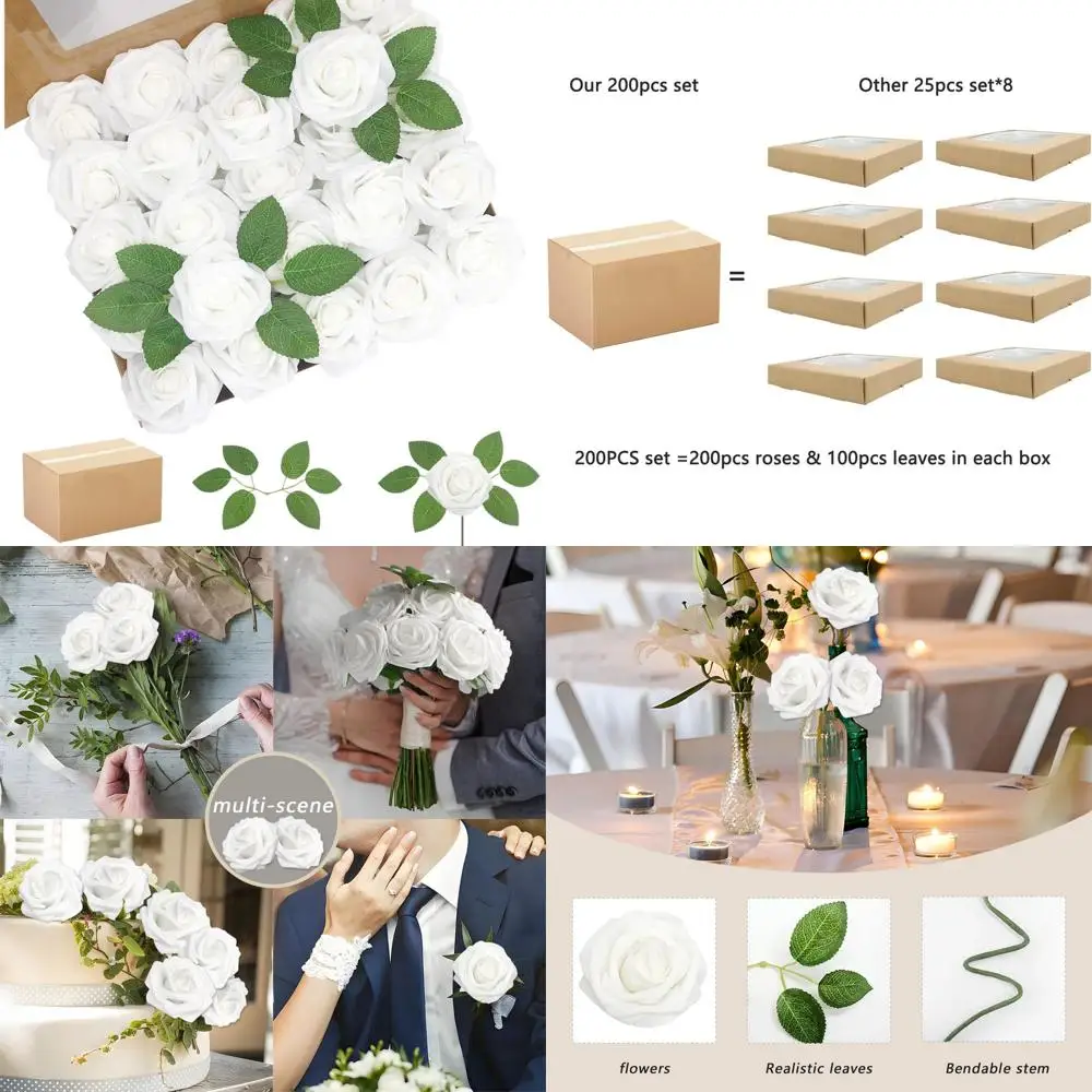 

200pcs Realistic White Foam Roses with Leaves for DIY Wedding Bouquets, Bridal Showers, and Party Decor