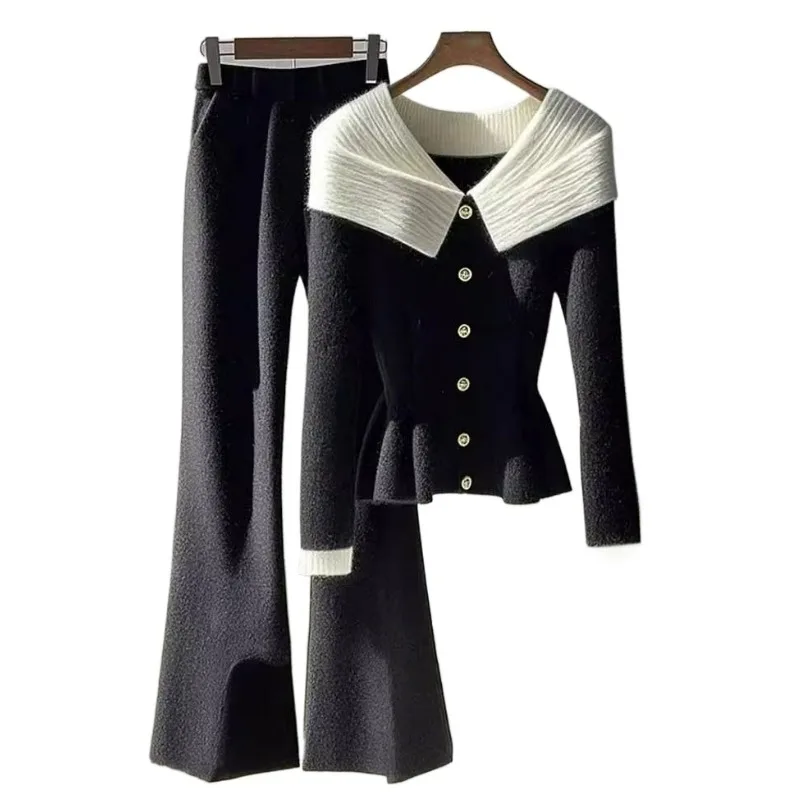 

Модный темпераментный узкий вязаный костюм, женский весенний свитер с воротником больших размеров, брюки, комплект из двух предметов для снижения возраста High Street